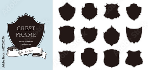Crest frame set. Vintage style black and white line vector design.