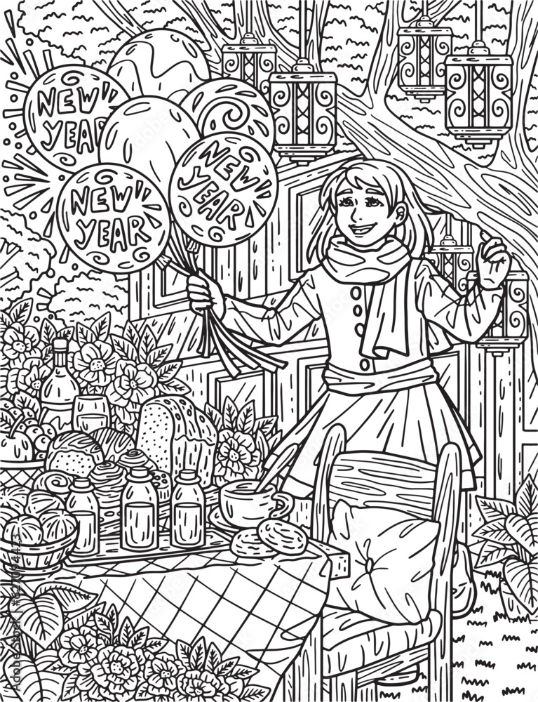 New Year Girl with Balloons Adults Coloring Page 