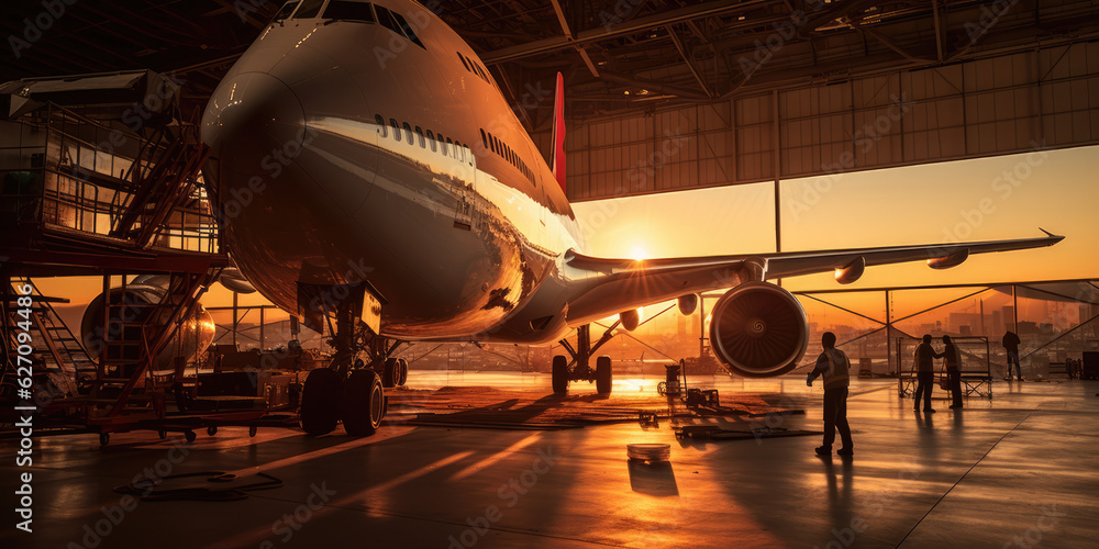 Early Flight Glimpse. Aviation Hangar's Observation Deck with Sunrise View. Travel Adventure Concept Early Flight Glimpse. Aviation Hangar's Observation Deck with Sunrise View. Travel Adventure Concept
