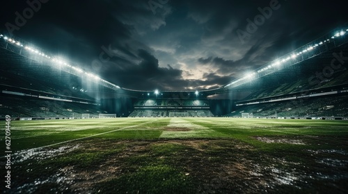 soccer stadium, Stadium spotlights at night with green grass. cinematic light, cinematic color 
