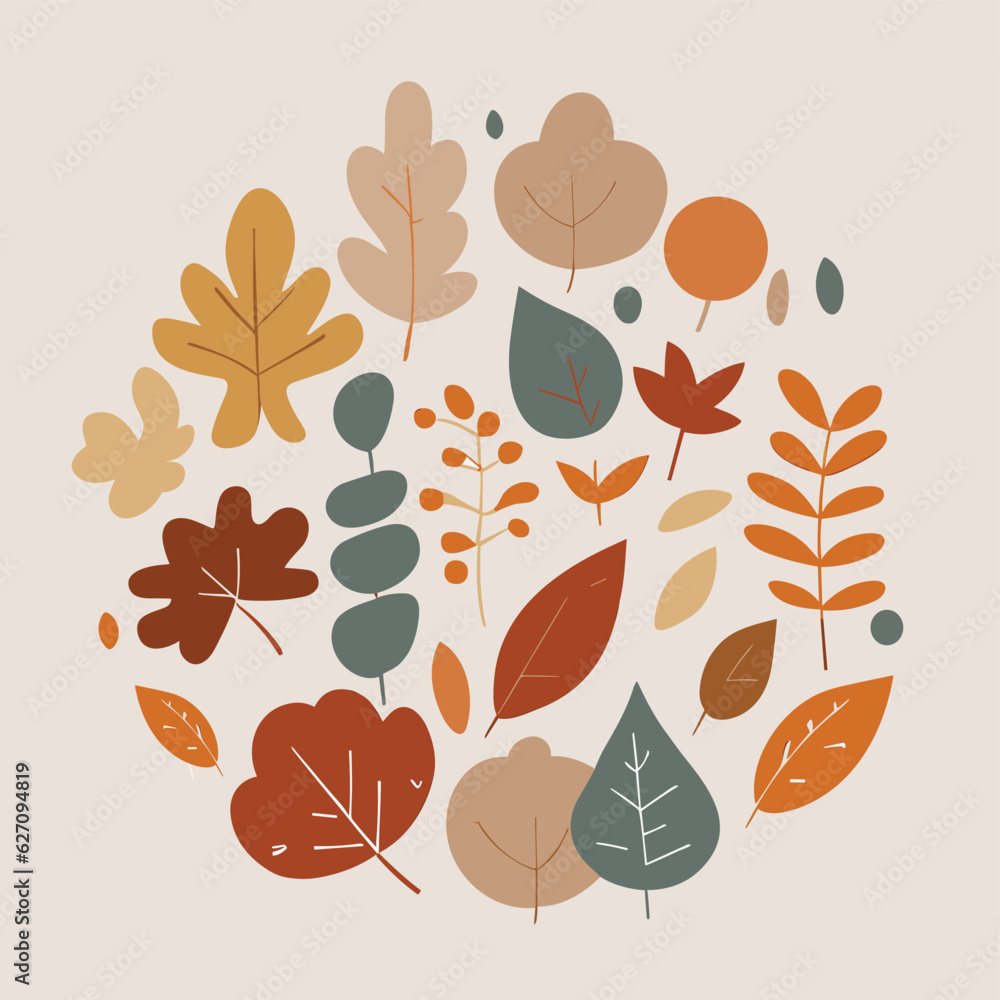 Hand-drawn vector autumn leaves set. Oak, maple, elm dry fallen leaf. Hand-drawn fall forest yellow or red foliage. Colored trendy illustration. Flat design. Stamp texture. All elements are isolated.