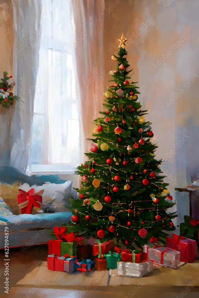 Festive Winter Holiday Spirit Home Ambience: Warm and Cozy Animation Style Illustration of a Christmas Tree With Presents By The Sofa in the Living Room's Corner Generative Ai