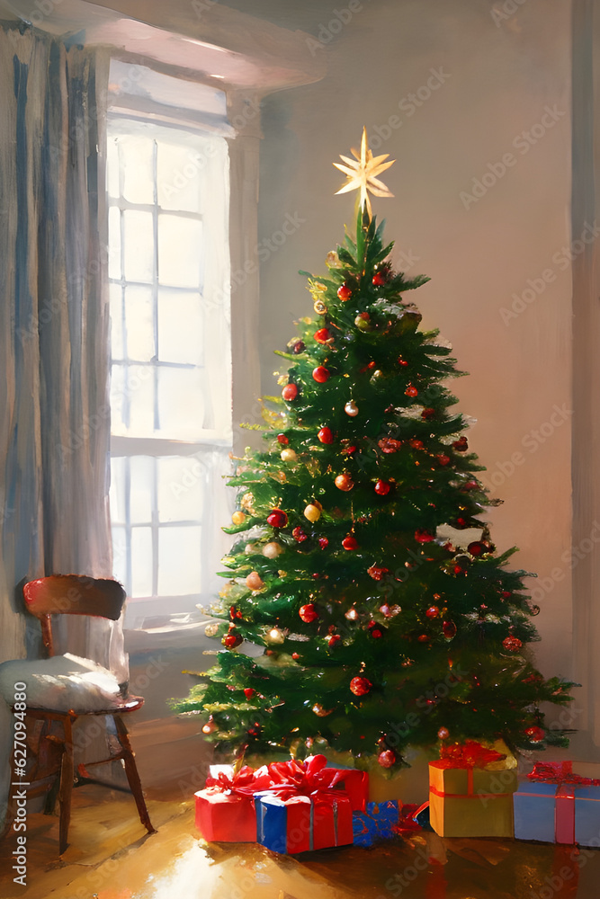 Festive Winter Holiday Spirit Home Ambience: Warm and Cozy Animation Style Illustration of a Christmas Tree With Presents By A Chair in the Living Room Generative Ai