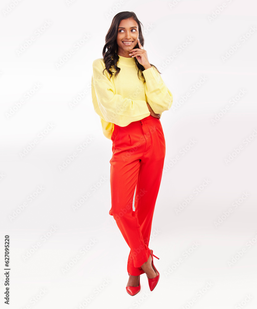 Thinking, happy and Indian woman with fashion in studio with confidence, happiness and pride. Professional, business and female person in trendy style with wonder, ideas or choice on white background Thinking, happy and Indian woman with fashion in studio with confidence, happiness and pride. Professional, business and female person in trendy style with wonder, ideas or choice on white background