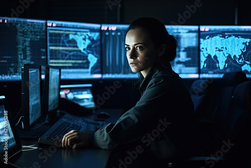 Confident government spy woman in futuristic command center with glowing monitors, sensors, maps, and remote control
