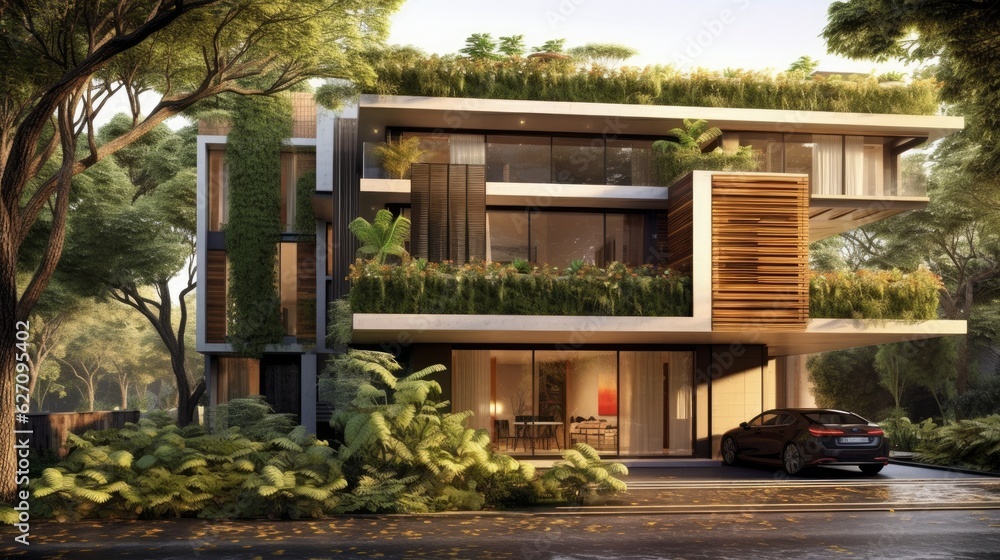 A residential building with a flat roof, a balcony with lush greenery. AI generated