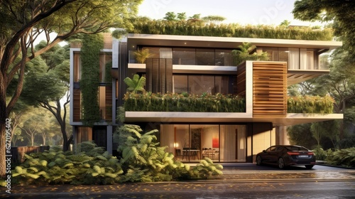 A residential building with a flat roof, a balcony with lush greenery. AI generated