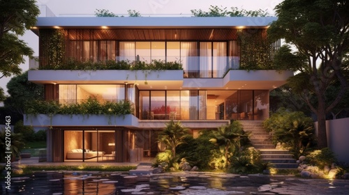 A residential building with a flat roof, a balcony, and serene landscaping. AI generated