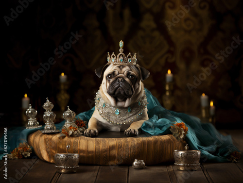 A pug dog dressed as a queen