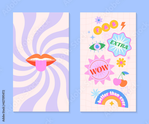 Vector insta story templates with patches and stickers in 90s style.Smm banners in y2k aesthetic with spiral background.Funky designs for social media marketing,branding,packaging