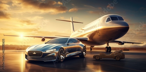Luxury car and charter liner plane in the golden sunset light
