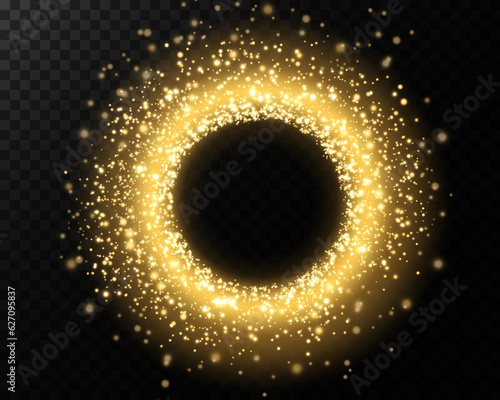 Light neon ring. Round shape with small dust trail particles and lights  shiny frame on an isolated and transparent background. 