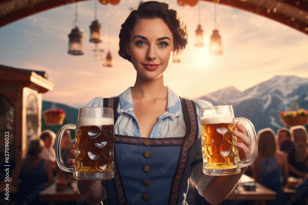 Naklejka premium Oktoberfest Tradition. Waitress wearing traditional clothes and holding beers at the festival. Sunset. German culture and celebration concept. AI Generative 