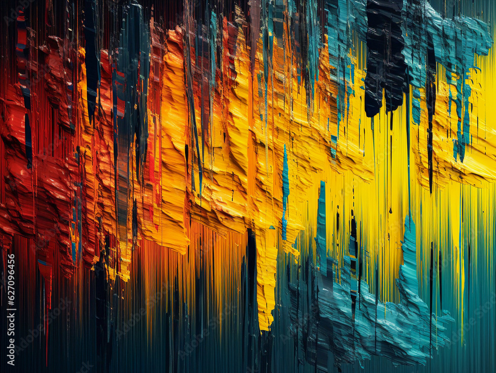 Abstract painted surface, flowing paint of bright colors. Colorful grunge texture of wall. Abstract modern background