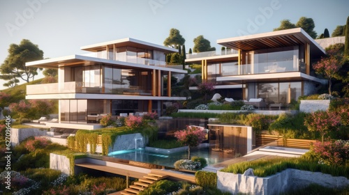 A building with a flat roof, a balcony, and landscaping. AI generated © PandaStockArt