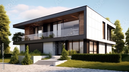 A building with a flat roof, a balcony, and landscaping. AI generated © PandaStockArt