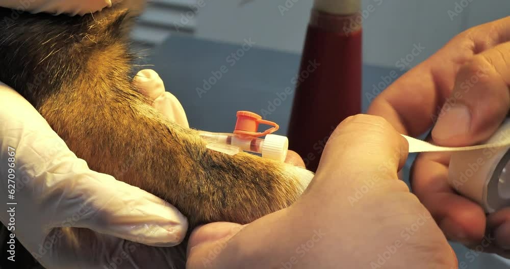 The veterinarian fixes the intravenous catheter to the dog's paw with a ...