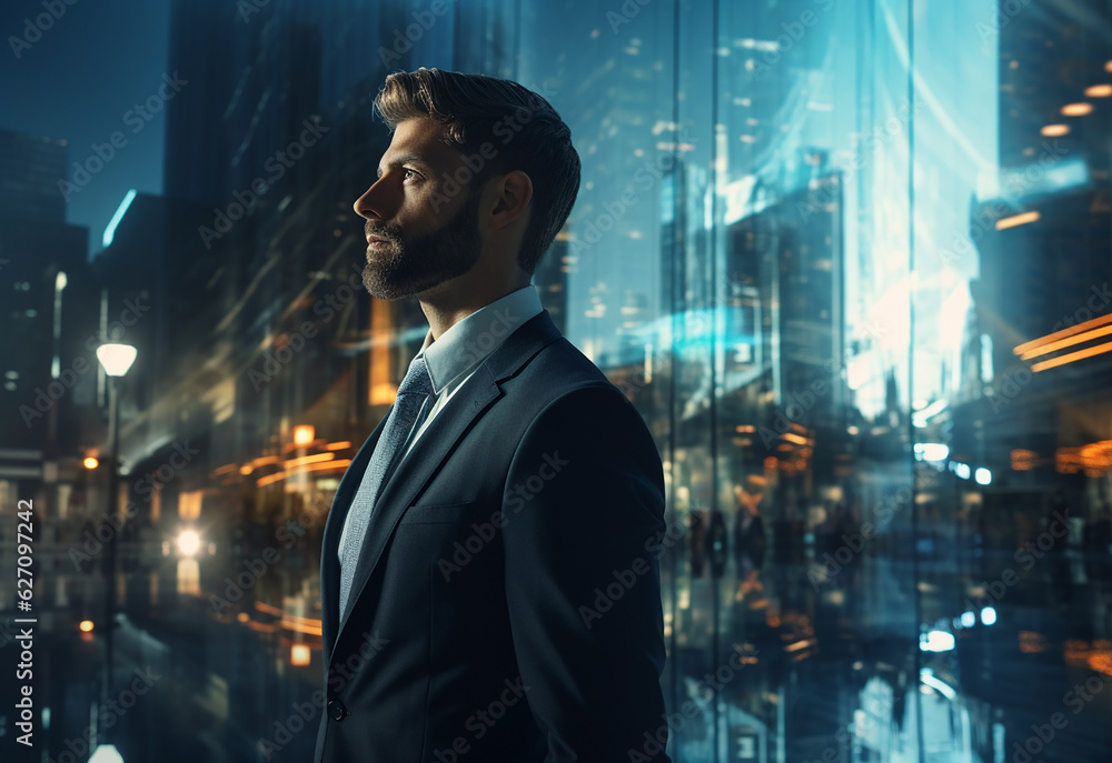 A Double Exposure of a Businessman in the Cityscape Embodies Success and Future Plans A Double Exposure of a Businessman in the Cityscape Embodies Success and Future Plans