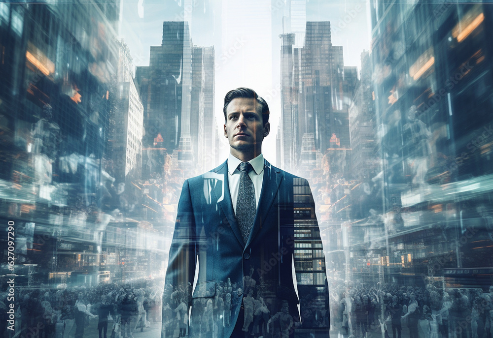 A Double Exposure of a Businessman in the Cityscape Embodies Success and Future Plans A Double Exposure of a Businessman in the Cityscape Embodies Success and Future Plans