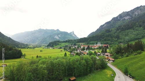 Picturesque aerial view of village of Ettal in Bavarial, Germany. Also we see Benedictine monastery or Abbey. photo