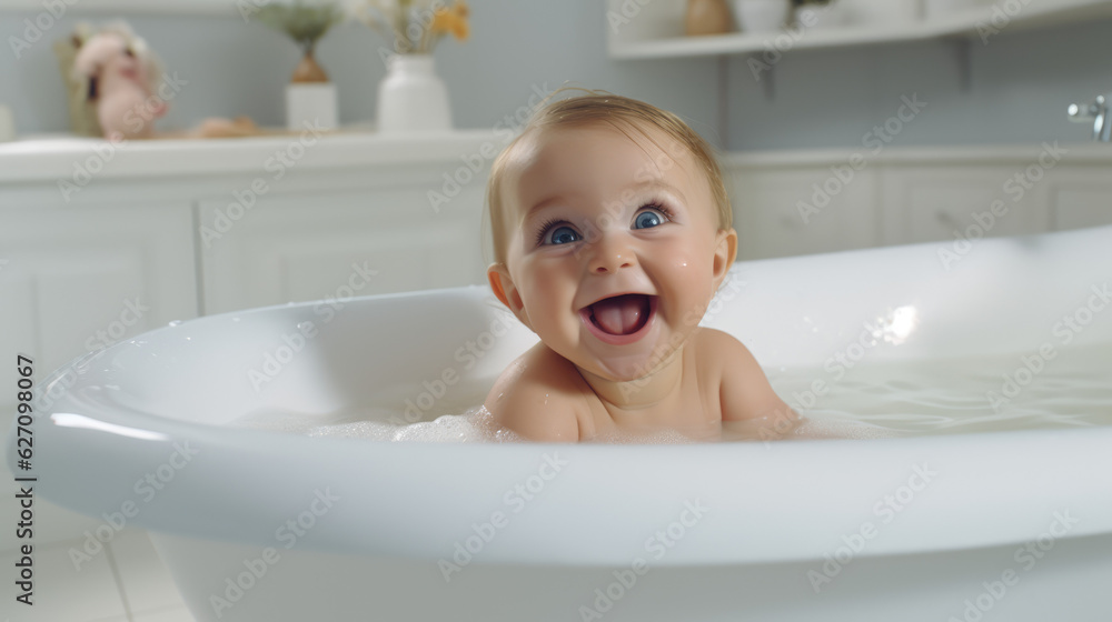 Bathtime Bliss. Adorable 6 Months Baby Enjoying a Bath in the Bathtub. AI Generative Illustration Bathtime Bliss. Adorable 6 Months Baby Enjoying a Bath in the Bathtub. AI Generative Illustration