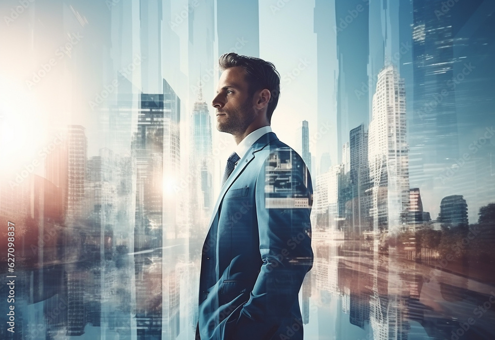 A Double Exposure of a Businessman in the Cityscape Embodies Success and Future Plans A Double Exposure of a Businessman in the Cityscape Embodies Success and Future Plans