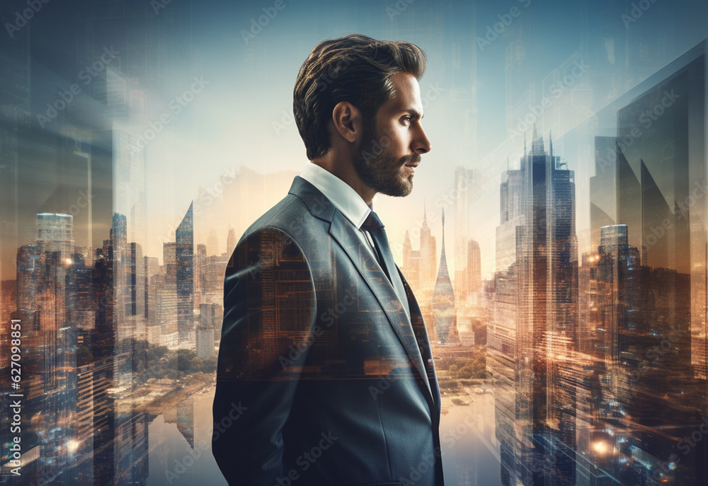 A Double Exposure of a Businessman in the Cityscape Embodies Success and Future Plans
