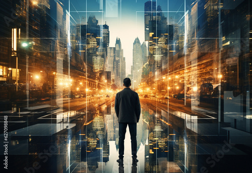A Double Exposure of a Businessman in the Cityscape Embodies Success and Future Plans