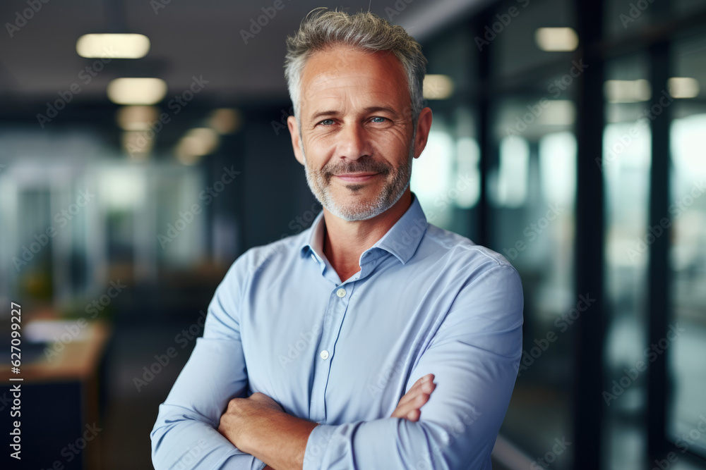 Fototapeta premium Business Leadership. Middle-Aged CEO Smiling and Standing in Office with Crossed Arms. AI Generative
