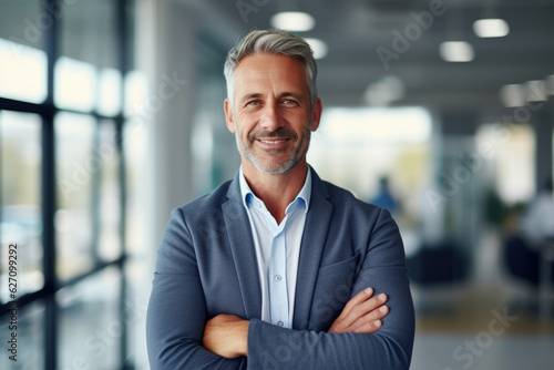 Business Leadership. Middle-Aged CEO Smiling and Standing in Office with Crossed Arms. AI Generative