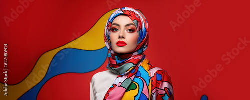 modern colorful stylish outfit photoshoot of a muslim hijab woman in dynamic shot happy and positive for modest trendy arab women fashion as wide banner with copysapce area - Generative AI