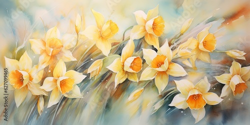 Daffodil Watercolor Whimsical Blooms - Watercolor Canvas - Dance with Daffodils in an Artistic Fantasy. Let creativity bloom Generative AI Digital Illustration