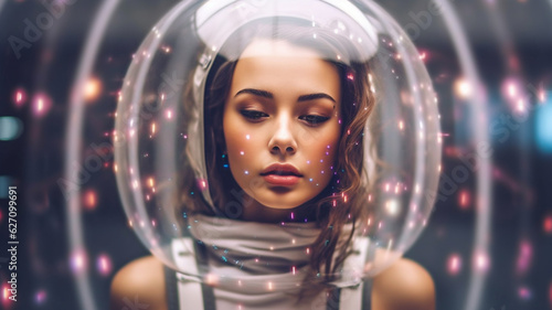 adult woman, fictional abstract, technology or virtual reality or dream or female astronaut or air bubble or disco or drug, glass dome and lights