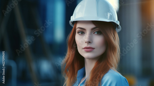 Adult woman at a construction site, wearing a construction site helmet, outdoors, fictional location, red hair, white woman, 30s 40s, architect or site manager, blue shirt