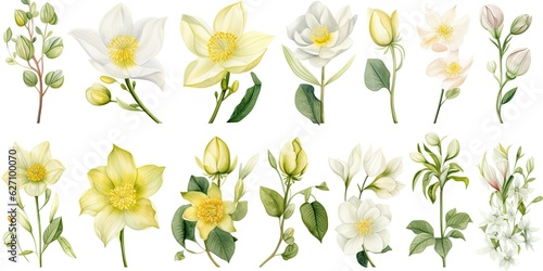 Daffodil Watercolor Enchanting Watercolor Floral Set - Embrace the Beauty of Gentle Hellebore and Daffodil Flowers - Captivating Artistry in Every Stroke Generative AI Digital Illustration