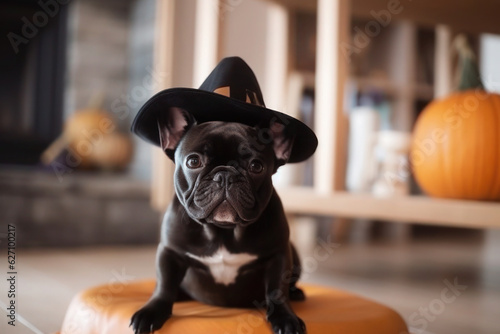 French BullDog wearing Halloween witch hat, AI generative