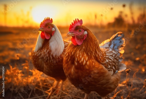 chickens walking around the farm yard. Generative AI © Margo_Alexa