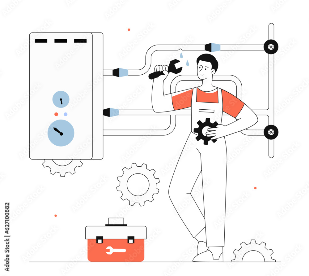 Plumber with instruments line vector concept Plumber with instruments line vector concept