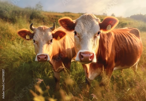 close-up Two cows graze in the meadow.Generative AI 