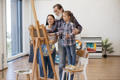 Confident aged gentleman pointing at canvas placed on easel while little girl asking about colors of art project. Curious mother and daughter peering at sketch of human made by granddad indoors.