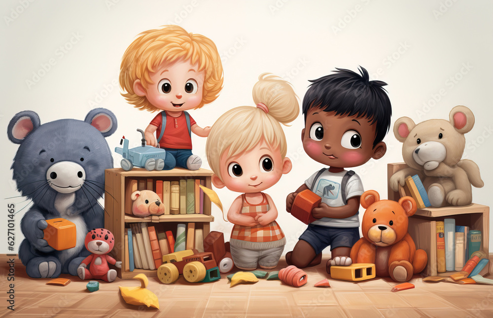 Illustration of three children playing with many toys in their preschool classroom Illustration of three children playing with many toys in their preschool classroom