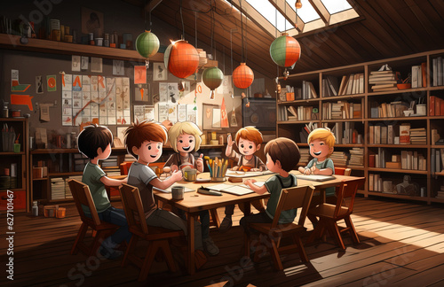 Illustration of school-age children studying at a table in their classroom. Back to school. Cartoon drawing