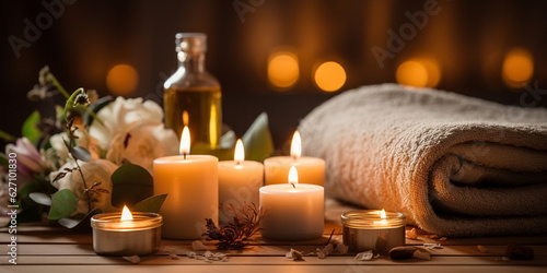 aromatherapy  spa massage salon romantic spa cozy atmosfear candle blurred light pink flowers relaxing  salon background