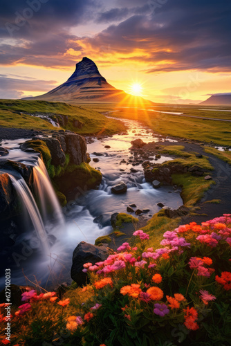 Iceland's Iconic Postal Beauty. Kirkjufell and Kirkjufellsfoss at Sunset, Adorned with Flowers in the Majestic Icelandic Landscape.