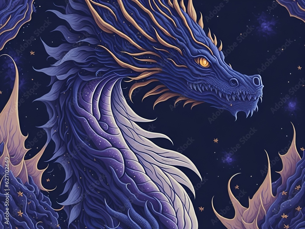 Blue-violet dragon against a black sky Blue-violet dragon against a black sky