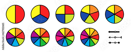 2-10 section Blank Spinning Wheel Template colourful set. Clipart image isolated on white background