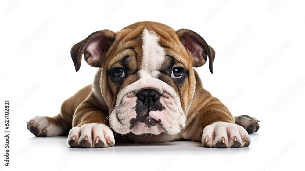 Close up cute British bulldog puppy dog isolated on white background. Wrinkled face puppy. Digital illustration generative AI. Close up cute British bulldog puppy dog isolated on white background. Wrinkled face puppy. Digital illustration generative AI.