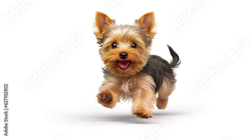 Cute Yorkshire Terrier puppy dog running isolated on white background. Digital illustration generative AI.