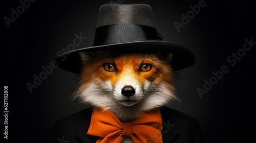 Cool looking fox wearing a widebrimmed hat, in the style of black and white mastery, Orange, natalia drepina. Digital illustration generative AI. photo