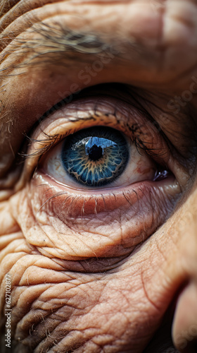 Timeless Beauty. Macro Close-Up of the Face of a Very Old Woman with Focused Blue Eyes. AI Generative © Mr. Bolota